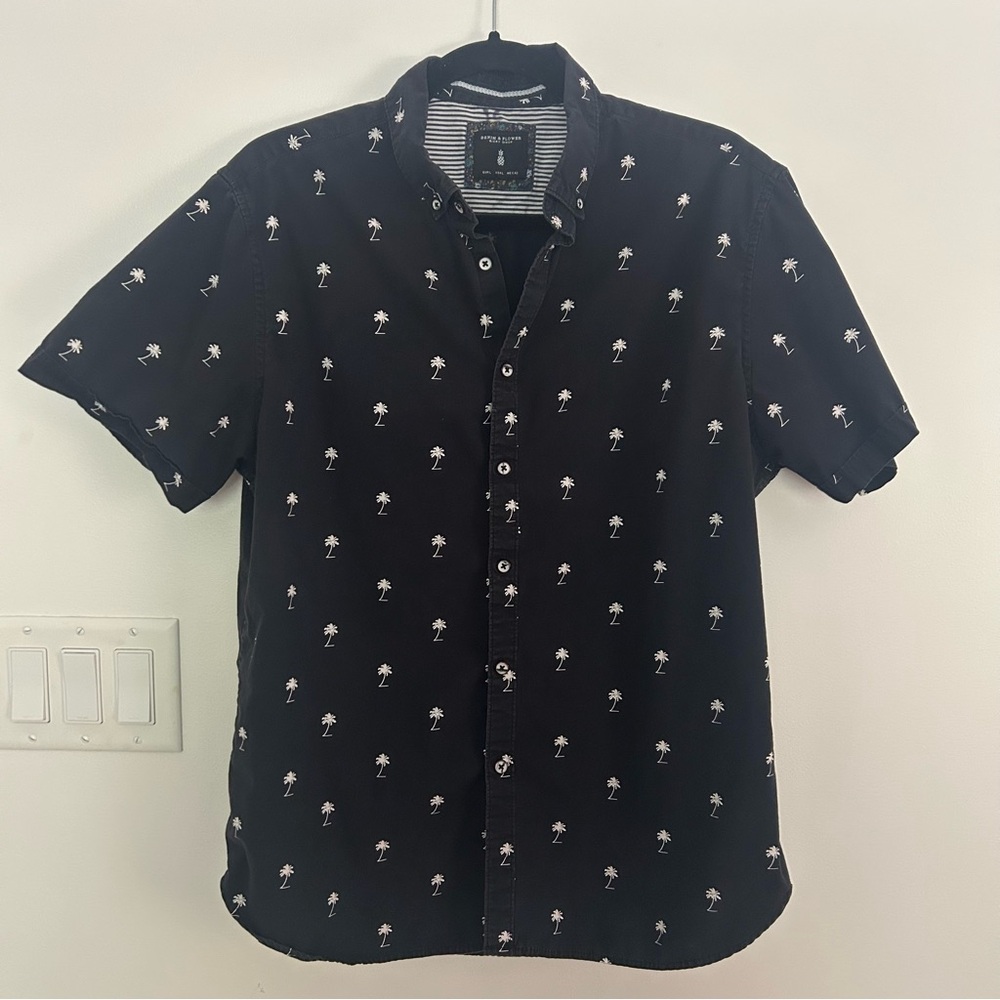 Denim & Flower Black Short-Sleeve Palm Print Button-Down Shirt Men’s L